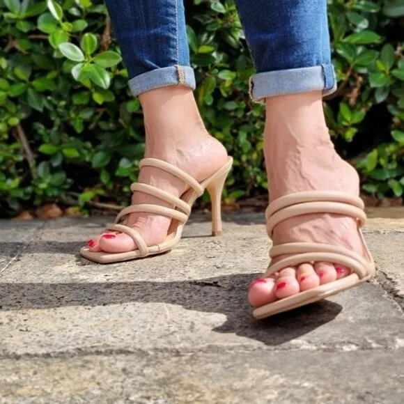 Nude‎ Square Toe Padded Strappy Heel Sandals