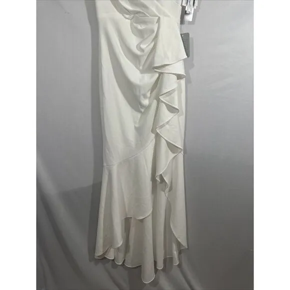 NWD $249 Betsy‎ &amp; Adam [ 8 ] V-Neck Cascade Ruffle High-Low Gown in White