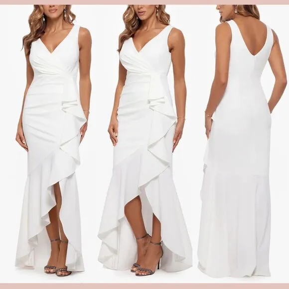 NWD $249 Betsy‎ &amp; Adam [ 8 ] V-Neck Cascade Ruffle High-Low Gown in White