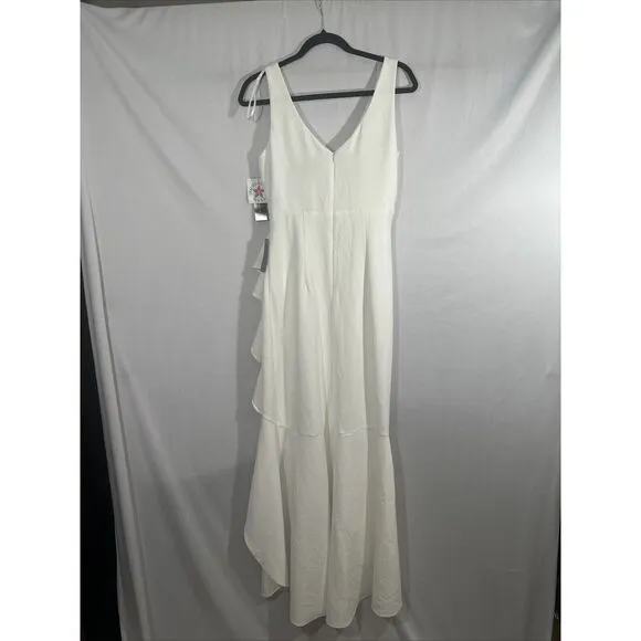 NWD $249 Betsy‎ &amp; Adam [ 8 ] V-Neck Cascade Ruffle High-Low Gown in White