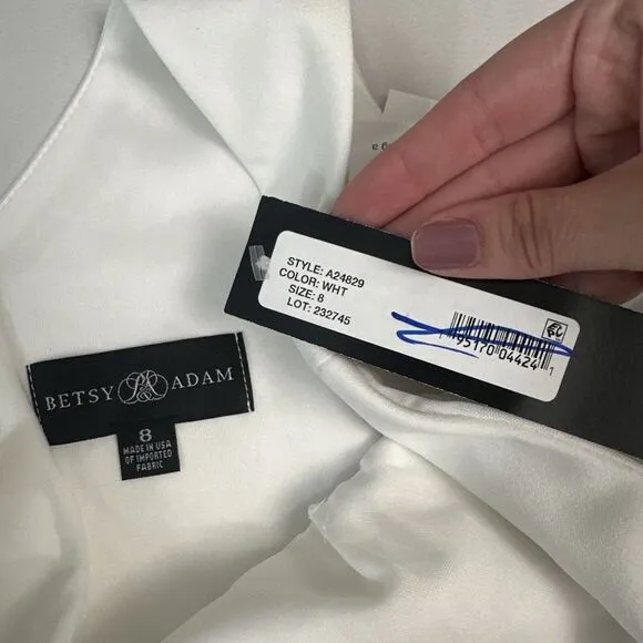 NWD $249 Betsy‎ &amp; Adam [ 8 ] V-Neck Cascade Ruffle High-Low Gown in White