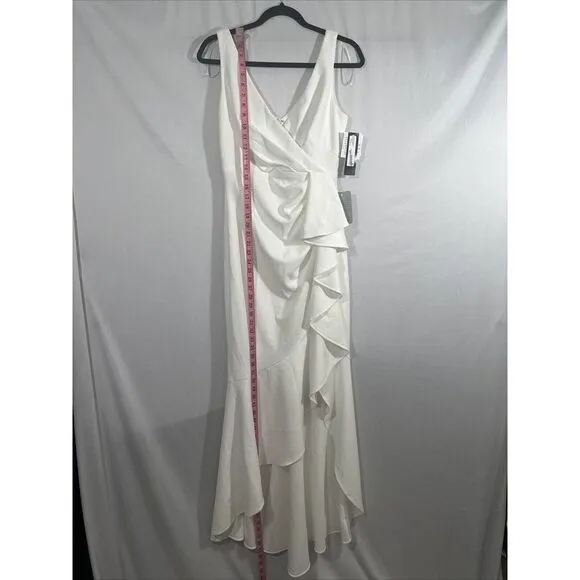 NWD $249 Betsy‎ &amp; Adam [ 8 ] V-Neck Cascade Ruffle High-Low Gown in White