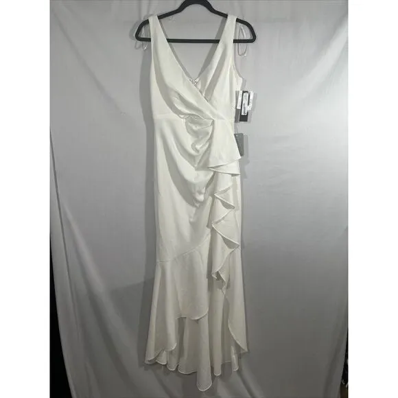 NWD $249 Betsy‎ &amp; Adam [ 8 ] V-Neck Cascade Ruffle High-Low Gown in White