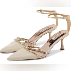 NWOB BADGLEY MISCHKA Zendaya Embellished Ivory Cream Satin Kitten Heel Shoes 6.5