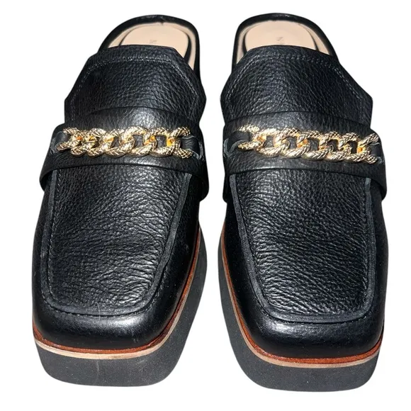{NWOB Naked Feet Elect Loafers in Black Leather Gold Chain Detail 8}