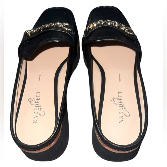 {NWOB Naked Feet Elect Loafers in Black Leather Gold Chain Detail 8}