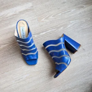 NWOT Giampaolo Viozzi Blue Mesh Cutout Open Toe Mule Leather Shoes, size EU 38