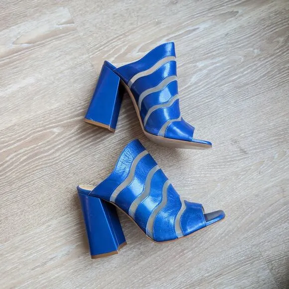 NWOT Giampaolo Viozzi Blue Mesh Cutout Open Toe Mule Leather Shoes, size EU 38