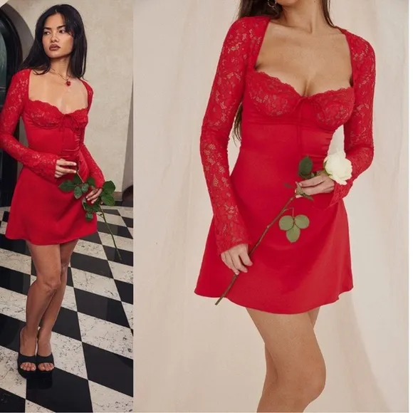 NWOT HOUSE OF CB Jennica Red Rose Satin And Lace Mini Dress sz XS