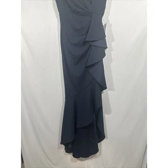 NWT $249 Betsy &amp; Adam [ 2 ] V-Neck Cascade Ruffle High-Low Gown in Navy Blue‎
