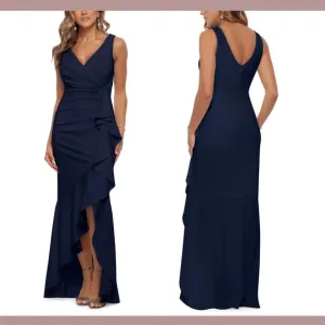 NWT $249 Betsy &amp; Adam [ 2 ] V-Neck Cascade Ruffle High-Low Gown in Navy Blue‎