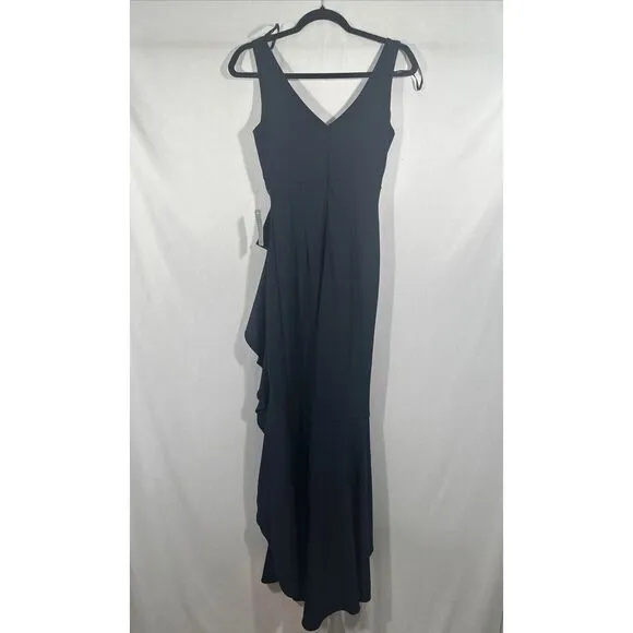 NWT $249 Betsy &amp; Adam [ 2 ] V-Neck Cascade Ruffle High-Low Gown in Navy Blue‎