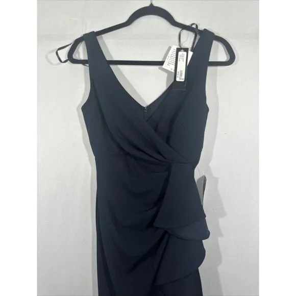 NWT $249 Betsy &amp; Adam [ 2 ] V-Neck Cascade Ruffle High-Low Gown in Navy Blue‎