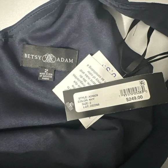 NWT $249 Betsy &amp; Adam [ 2 ] V-Neck Cascade Ruffle High-Low Gown in Navy Blue‎