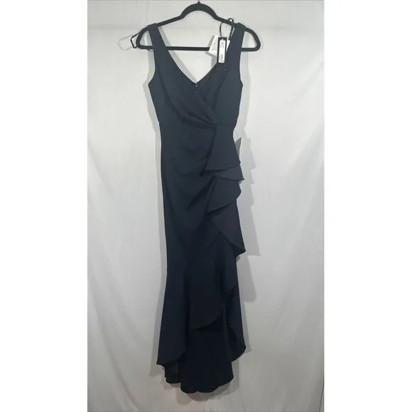 NWT $249 Betsy &amp; Adam [ 2 ] V-Neck Cascade Ruffle High-Low Gown in Navy Blue‎