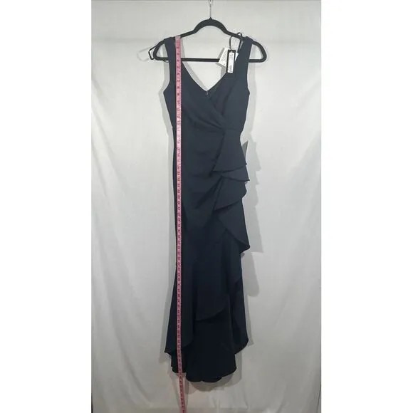 NWT $249 Betsy &amp; Adam [ 2 ] V-Neck Cascade Ruffle High-Low Gown in Navy Blue‎