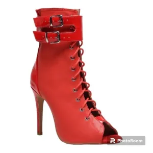 NWT BURJU Under The Influence Open Toe Lace Up Buckle Ankle Boots | Red 11