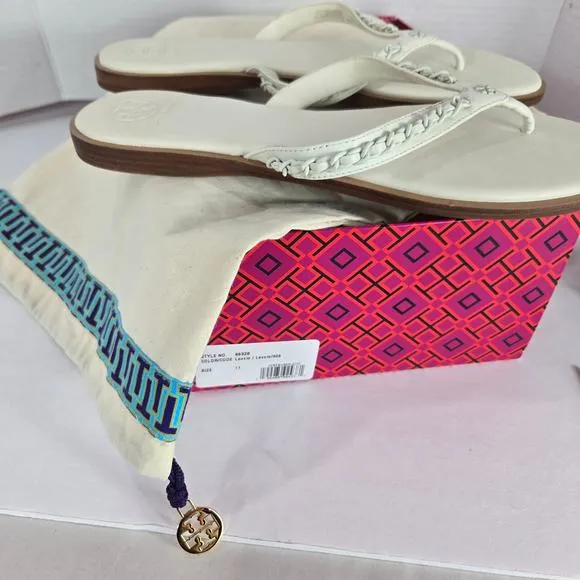 NWT Tory Burch NEW Everly Chain Thong Sandals Paris Nappa Ivory Leather Size 11