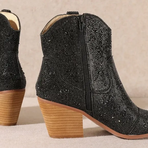 One Left! MIIM ANGEL KISSES Black Rhinestone Embellished Ankle Western Boots