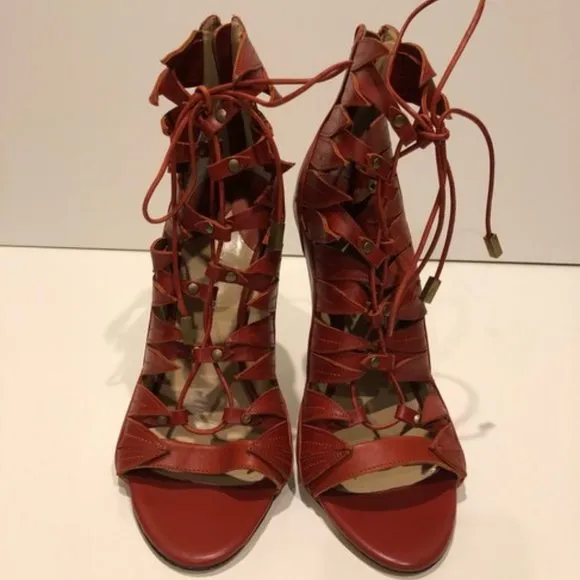 Paul Andrew Lace Up Red Leather Sandals Size 39EU NEW