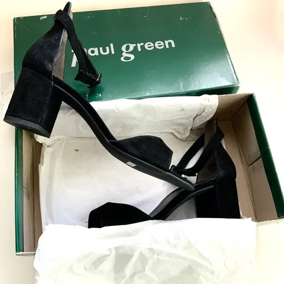 Paul Green Women's Agusta Black Suede Ankle Strap Block Heel Sandals 9.5