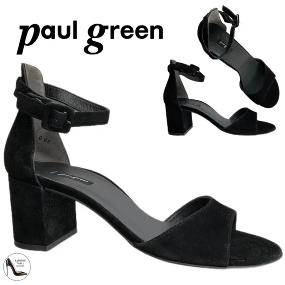 Paul Green Women's Agusta Black Suede Ankle Strap Block Heel Sandals 9.5