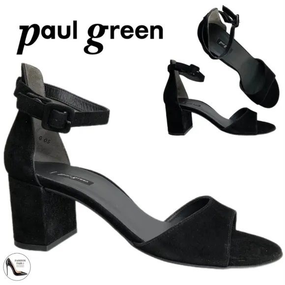 Paul Green Women's Agusta Black Suede Ankle Strap Block Heel Sandals 9.5