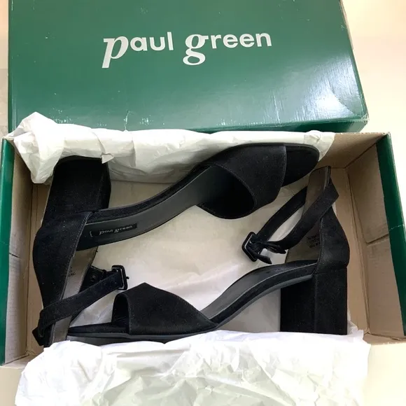 Paul Green Women's Agusta Black Suede Ankle Strap Block Heel Sandals 9.5