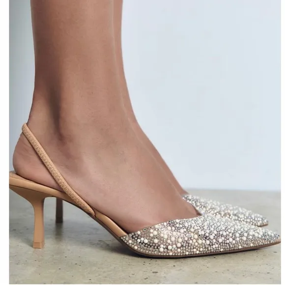 Pearl and rhinestone slingback heels - clear PVC material stiletto pumps