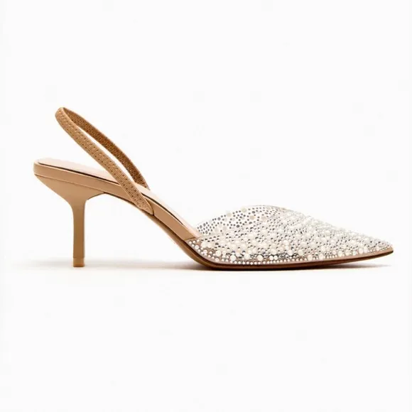 Pearl and rhinestone slingback heels - clear PVC material stiletto pumps