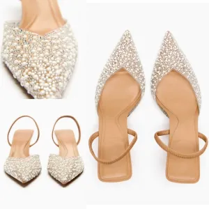 Pearl and rhinestone slingback heels - clear PVC material stiletto pumps