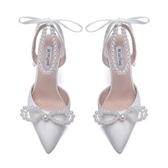 Pearl Wedding Shoes For Bride High Heel Bridal Shoes Closed Toe Wedding Heels 🆕