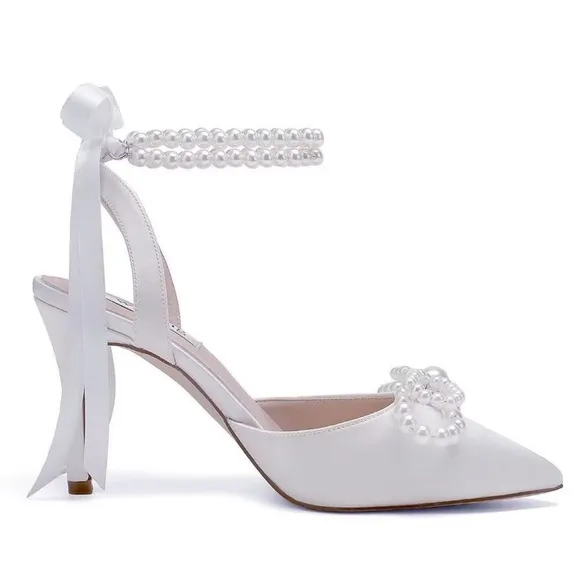 Pearl Wedding Shoes For Bride High Heel Bridal Shoes Closed Toe Wedding Heels 🆕