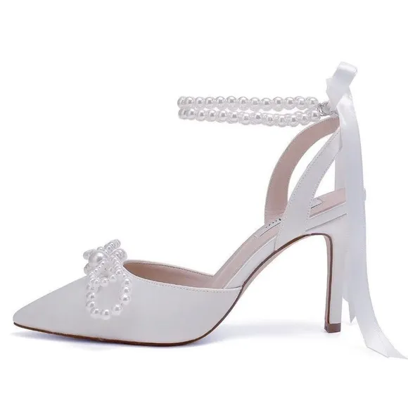 Pearl Wedding Shoes For Bride High Heel Bridal Shoes Closed Toe Wedding Heels 🆕