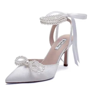 Pearl Wedding Shoes For Bride High Heel Bridal Shoes Closed Toe Wedding Heels 🆕