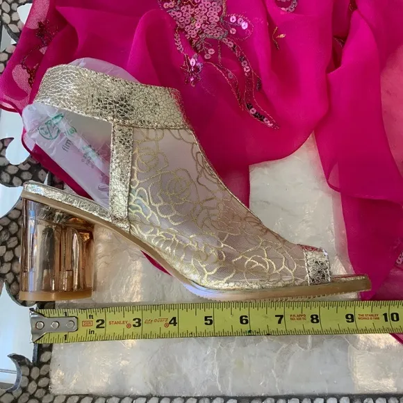 Peep Toe Metallic Glass Heel Bootie Sandals Glam Avant Garde Evening Gold 9M