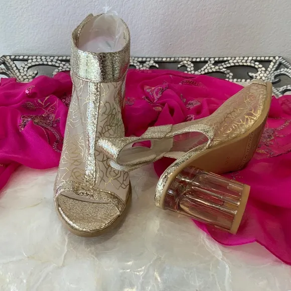 Peep Toe Metallic Glass Heel Bootie Sandals Glam Avant Garde Evening Gold 9M