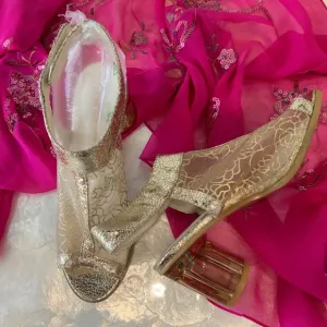 Peep Toe Metallic Glass Heel Bootie Sandals Glam Avant Garde Evening Gold 9M