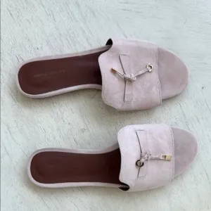Pink Mules with Gold Buckle and Suede Finish