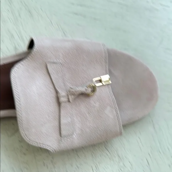 Pink Mules with Gold Buckle and Suede Finish