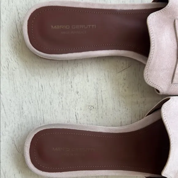 Pink Mules with Gold Buckle and Suede Finish
