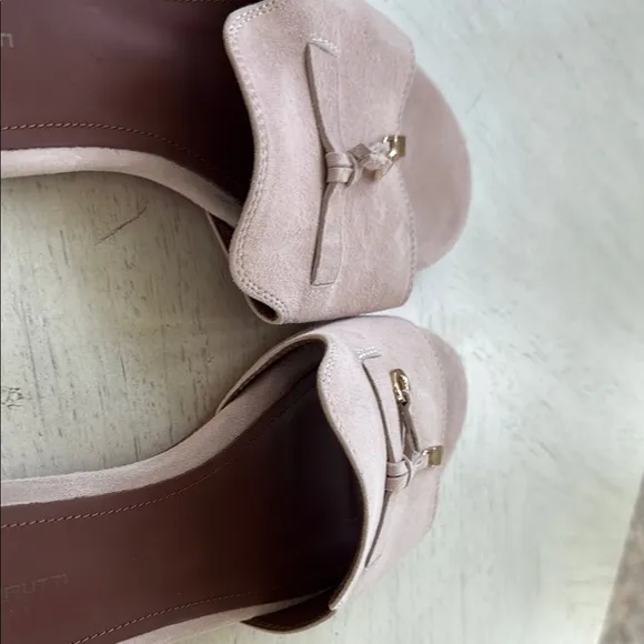 Pink Mules with Gold Buckle and Suede Finish