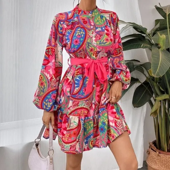 Pink Paisley Print Lantern Sleeve Ruffle Hem Belted mini Dress