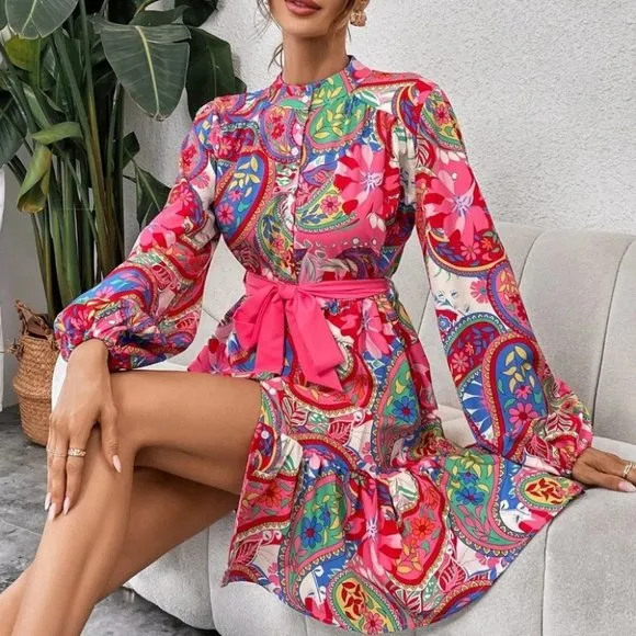 Pink Paisley Print Lantern Sleeve Ruffle Hem Belted mini Dress