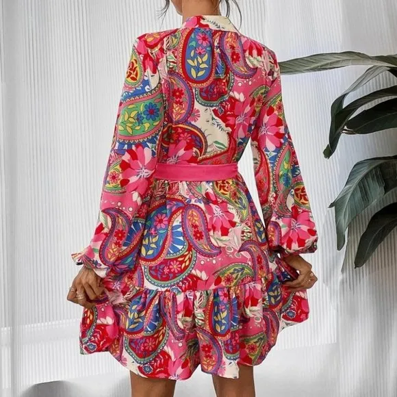 Pink Paisley Print Lantern Sleeve Ruffle Hem Belted mini Dress