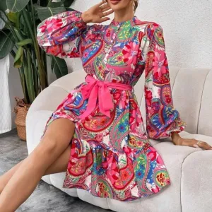 Pink Paisley Print Lantern Sleeve Ruffle Hem Belted mini Dress