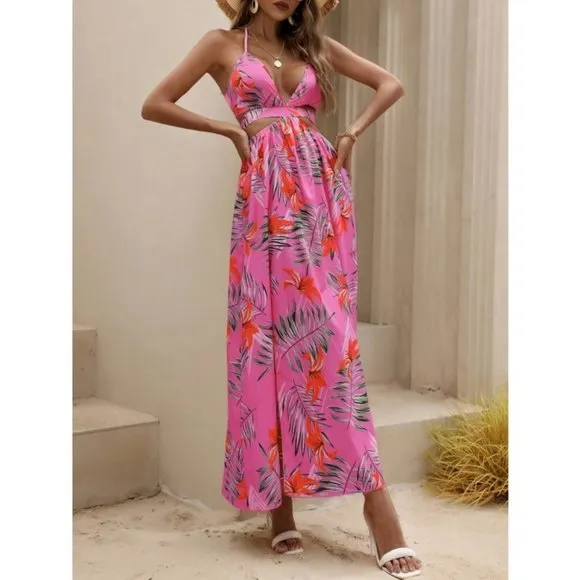 Pink Tropical print Maxi dress with thigh slit