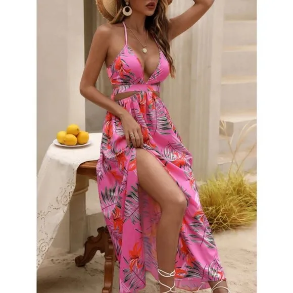 Pink Tropical print Maxi dress with thigh slit