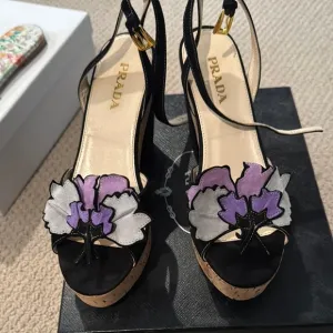 Prada Black and Purple Platform Shoes with Floral Embellishments