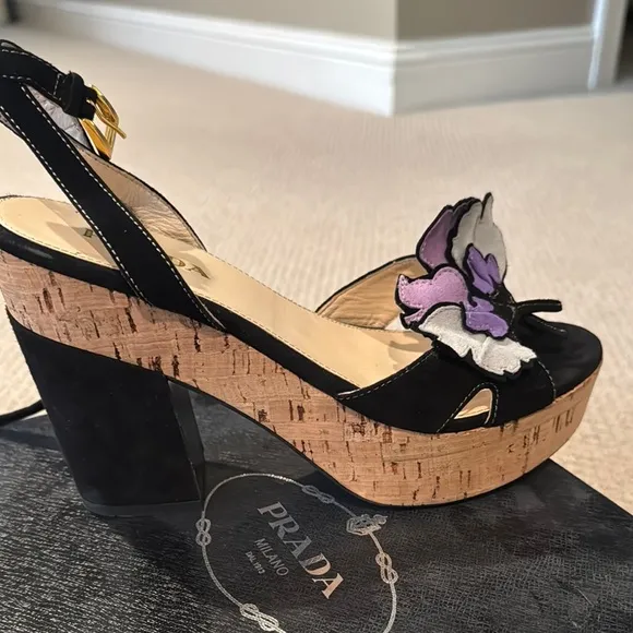 Prada Black and Purple Platform Shoes with Floral Embellishments